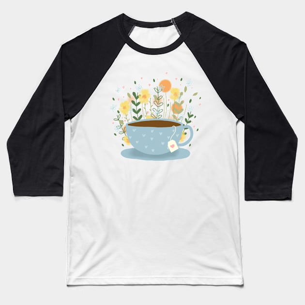 Floral Tea Baseball T-Shirt by KathrinLegg